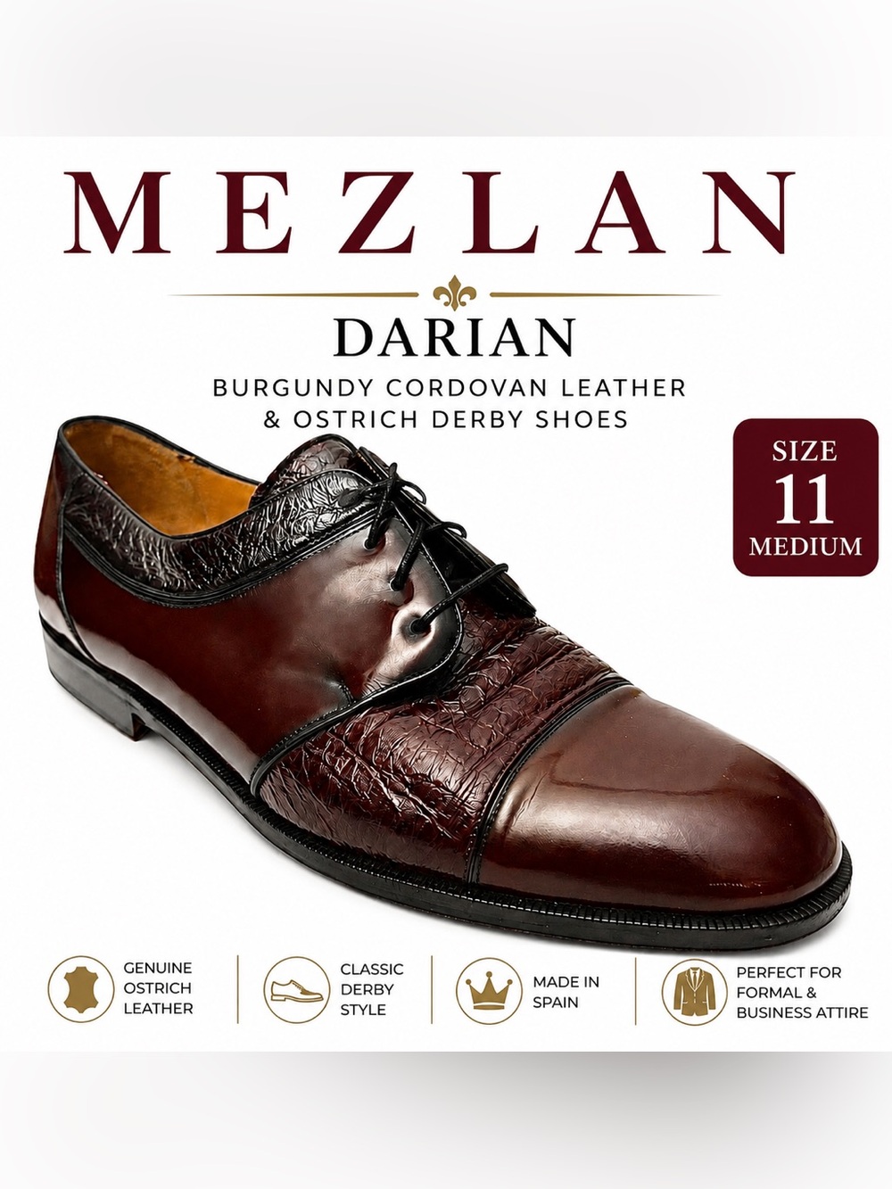 Mezlan Darian Men’s Size 11 Cordovan Exotic Leather & Ostrich Dress Shoes